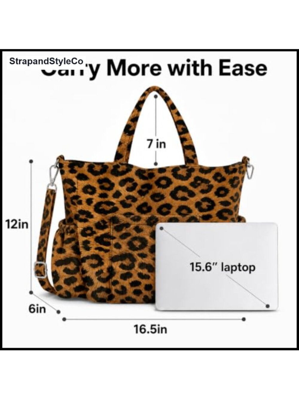 Corduroy Tote Bag Multi-Pocket Leopard Print 15 inch Laptop - Picture 4 of 5